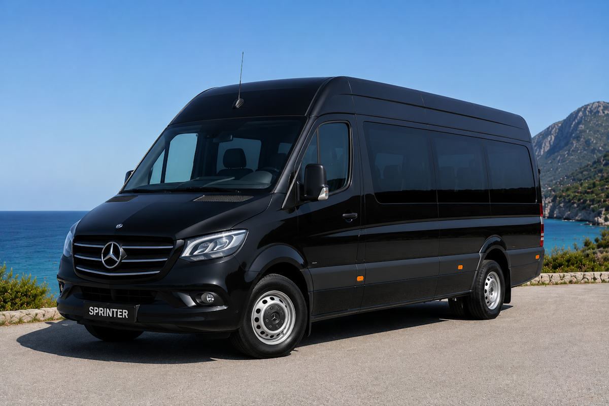 Alternative Text: Mercedes Sprinter minibus for group transfers in Zakynthos